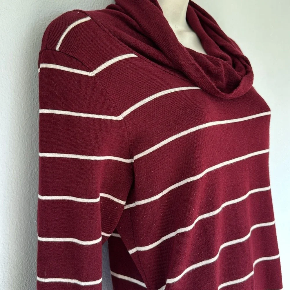 Pink Rose maroon white stripe cowl neck 3/4 sleeve long tunic sweater size large